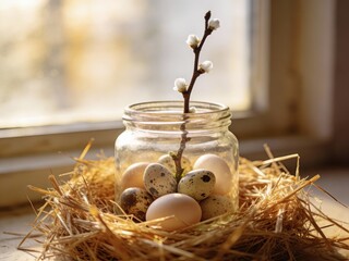 A decorative nest with quail eggs, a simple jar with a twig, and soft straw, placed by the window, creating a rustic and natural spring or Easter-themed home d&eacute;cor.