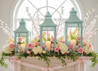 A beautiful spring decoration with pastel lanterns, candles, and flowers in soft pink and white tones, arranged on a mantel, creating a peaceful and romantic atmosphere.
