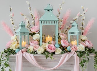 A beautiful spring decoration with pastel lanterns, candles, and flowers in soft pink and white tones, arranged on a mantel, creating a peaceful and romantic atmosphere.