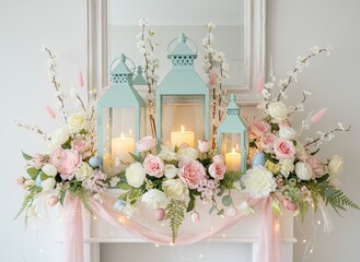 A beautiful spring decoration with pastel lanterns, candles, and flowers in soft pink and white tones, arranged on a mantel, creating a peaceful and romantic atmosphere.