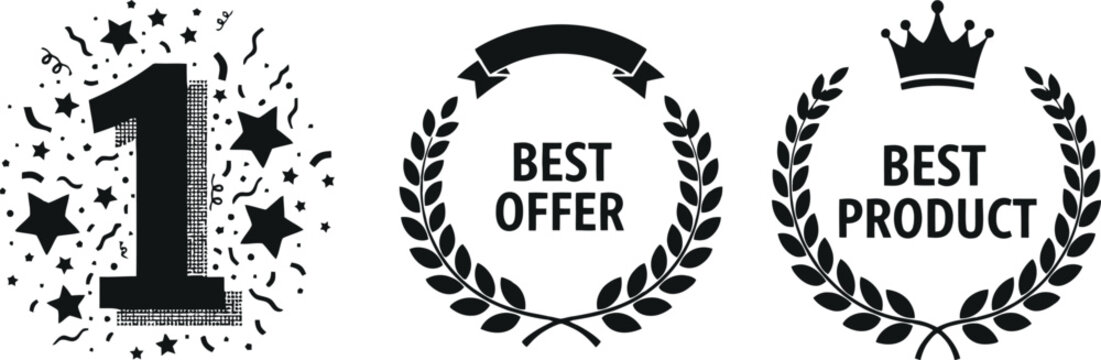 Number one best offer and product award logos with laurel wreath and crown symbols - Powered by Adobe
