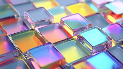 A captivating close-up of square glass tiles arrayed together. The light creates an array of rainbow colors, a visually pleasing abstract arrangement.