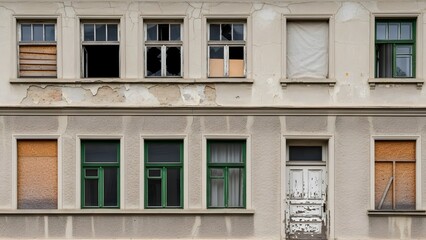 Obraz premium Dilapidated beige building facade with cracked walls boarded and broken windows abandoned building dilapidated facade