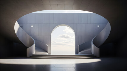 Symmetrical concrete architectural structure features a grand arched doorway opening toward a bright sky and distant sea horizon