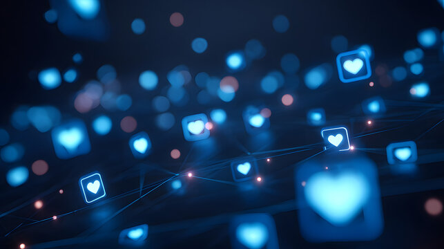 Abstract Connection Background with Floating Icons and Network Elements in Shades of Blue and Black - Powered by Adobe