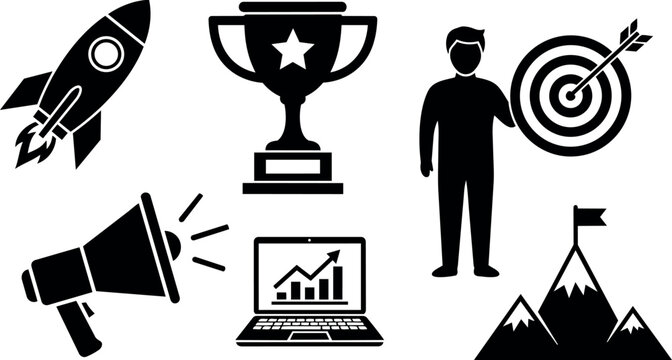 Black simple icons rocket trophy man megaphone laptop graph target mountains flag achievement success