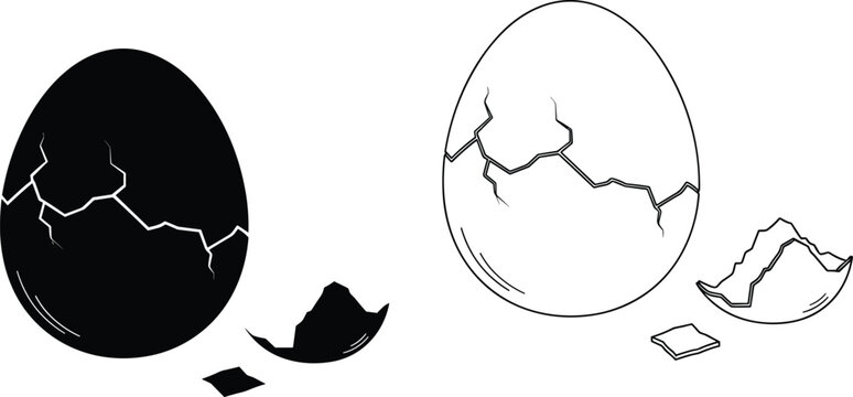 Cracked egg vector illustration, black and white contrast, broken shell fragments, minimal food design, outline and silhouette style, kitchen ingredient concept