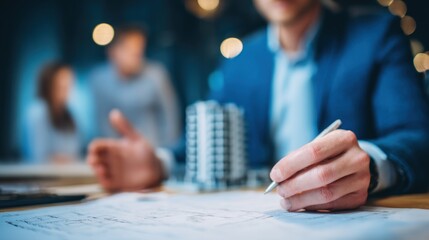 a real estate agent is holding an architectural model of the apartment building while sitting at his desk.