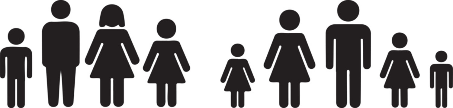 family people silhouette icon set parents and children, family group pictogram black vector icons isolated, parents and kids stickman silhouettes collection