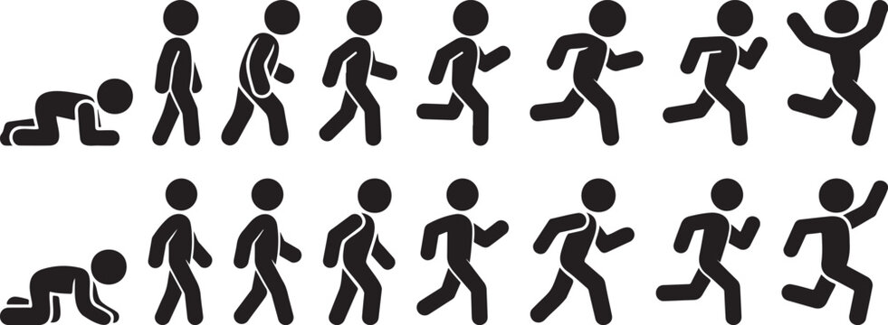 running stickman vector icon set motion poses, running human pictogram silhouettes black collection, athlete running sequence icons isolated
