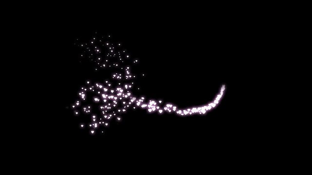 Romantic glitter heart trail animation on a black background with twinkling star particles, soft glowing dust, anda  magical Valentine's night mood for weddings and love stories, 4K