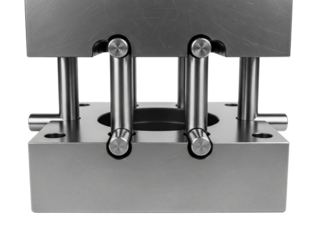 Heavy stainless steel industrial metal punch die tool mechanism on a transparent background