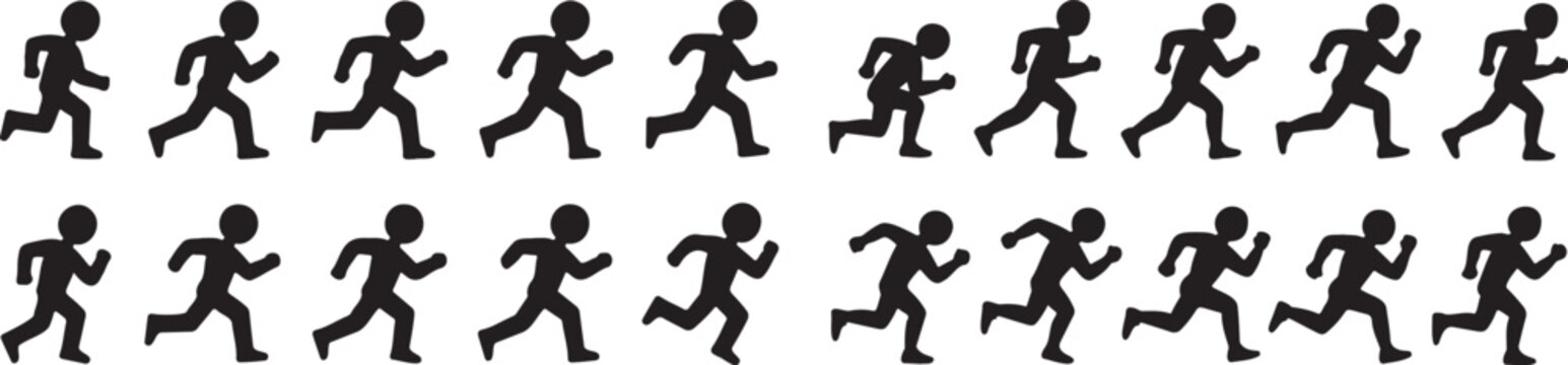 running stickman silhouette icon set motion sequence, running people pictogram black vector collection, athlete movement stick figure icons isolated