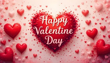Happy Valentine&rsquo;s Day Red Heart Background with Floating Hearts, Romantic Love Text, Festive Celebration Design for Greeting Cards, Banners and Holiday Promotions