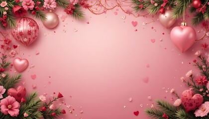 Romantic Pink Floral Heart Frame Background with Roses, Blossoms and Love Decorations for Valentine&rsquo;s Day, Wedding Invitations, Anniversaries and Elegant Holiday Designs