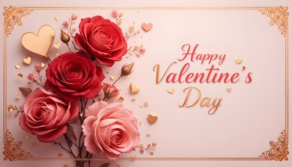 Happy Valentine&rsquo;s Day Card with Beautiful Red and Pink Roses, Romantic Floral Design with Hearts and Elegant Frame, Symbol of Love, Passion, and Affection