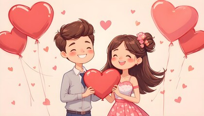 Cute Valentine&rsquo;s Day Illustration of Happy Couple Holding Heart with Love Balloons, Romantic Cartoon Love Concept