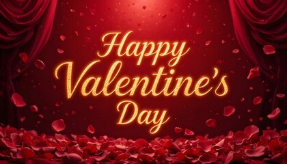 Happy Valentine&rsquo;s Day Background with Red Roses, Heart Confetti and Romantic Stage Curtains, Elegant Love Celebration Banner