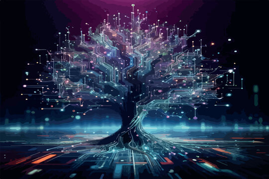 Abstract futuristic growth tree composed of connected dots and lines, resembling neural networks and circuit pathways background .