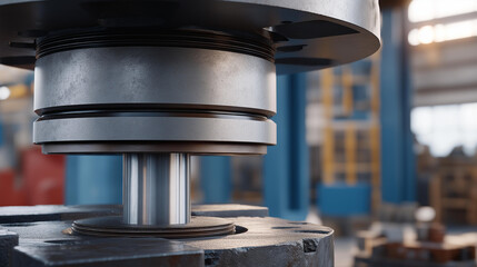 Factory setting with a hydraulic press in action, solid frame and moving piston expressing force, reliability, and heavy industry performance. cinematic color correction, natural uneven lighting