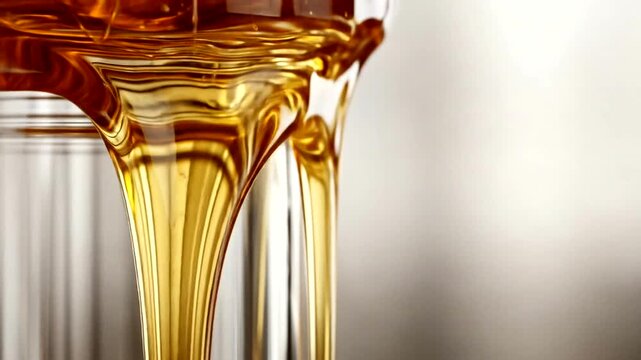 Golden Liquid Pouring from Glass Container.