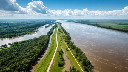 Aerial view of levee system along a river