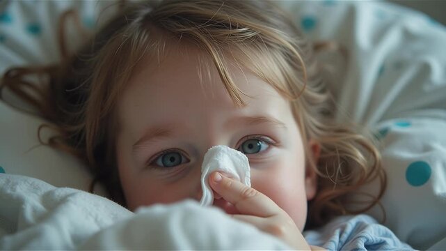 Sick little girl lying in bed holding tissue to nose

