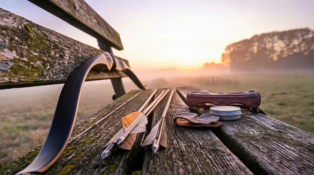 Carbon Arrows and Recurve Bow Gear on Weathered Wooden Bench at Dawn Trailhead, Finger Tab, Arm Guard, Unlabeled Bowstring Wax Tin, Sunrise Haze