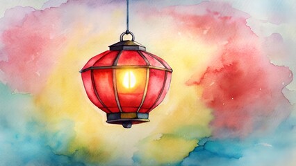 Obraz premium Red Lantern Illuminated Against Colorful Watercolor Background Festival Celebration