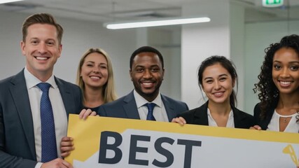 happy diverse office team holding best boss banner for corporate blogs, human resources websites, leadership training, employee appreciation Day, career development and business presentations