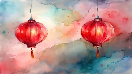 Obraz premium Two Red Chinese Lanterns Hang Against A Vibrant Watercolor Sky Displaying Pink And Blue Hues