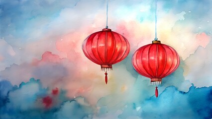 Obraz premium Two Red Chinese Lanterns Hanging Against A Watercolor Sky With Blue Pink And Yellow Hues