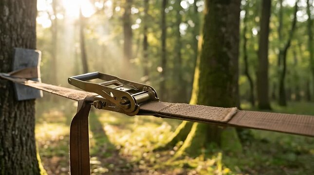 Slackline Between Two Trees in Forest Clearing, Ratchet Tensioner and Tree Protection Pads, Morning Sunbeams