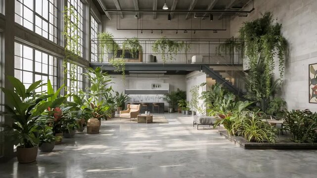 Pulling forward camera revealing sunlit plant-filled loft interior to show shifting light on floor