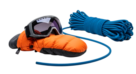 Mountaineering equipment isolated on transparent background including rope and mittens