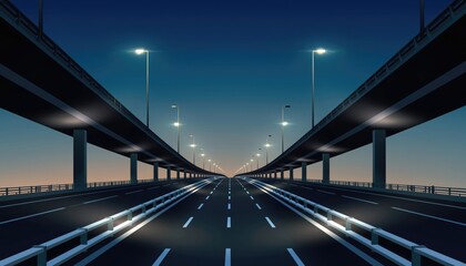 Symmetrical View of Modern Highway at Night with Streetlights