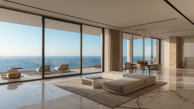 Starting camera sliding right, revealing sectional sofa in coastal apt to show ocean view