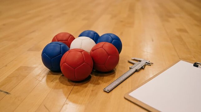 Boccia balls and measuring caliper on indoor court floor, precision spacing pattern, blank clipboard