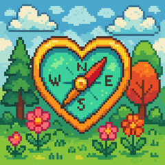 Pixel art heart-shaped compass surrounded by flowers and trees on a vibrant nature background