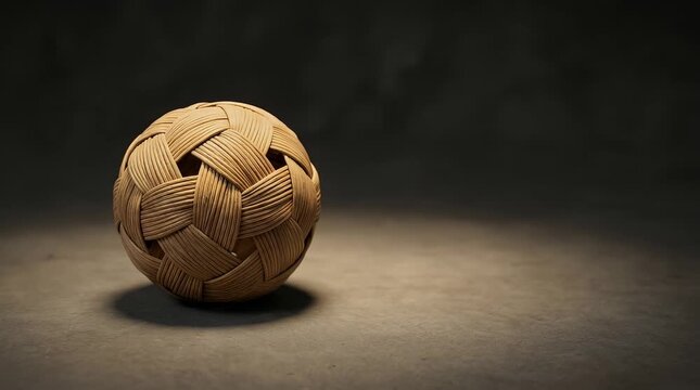 Traditional Sepak Takraw Rattan Ball in Studio Spotlight, Woven Texture Close Up on Matte Floor