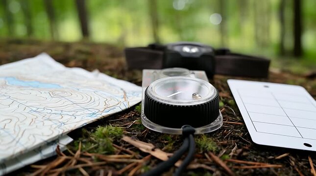 Orienteering Gear Flat Lay Video, Macro Glide Across Generic Topographic Map and Compass, Droplet on Compass Edge