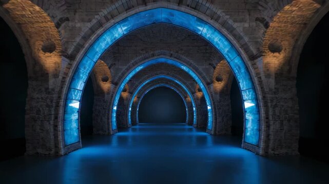 Pulsing arches, blue panels mirroring floor while camera pushing to vanishing point, amber uplights