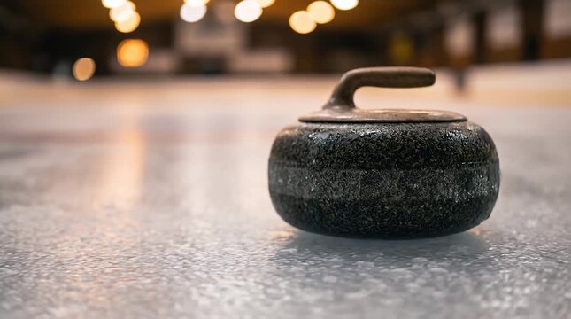 Unbranded curling stone on pebbled ice in indoor arena