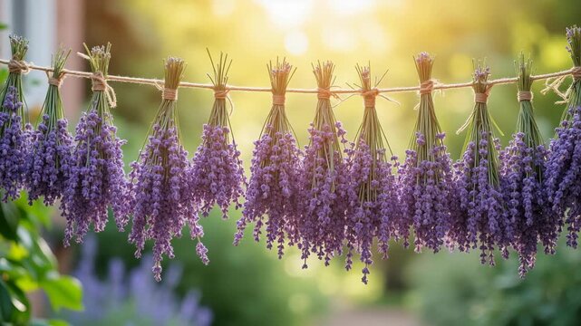 Hanging dry lavender bouquets on twine line against sunny garden wall
