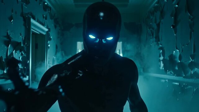 Mysterious alien entity standing in foggy corridor of research facility. Extraterrestrial life form on Mars colony.