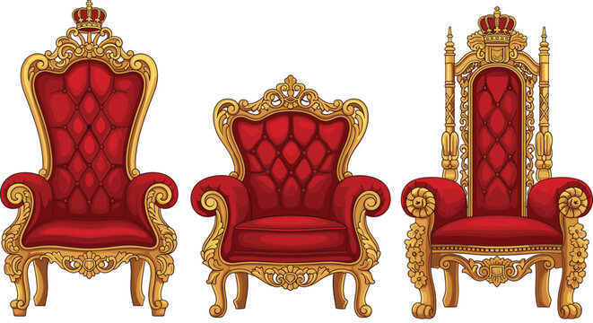Luxurious royal throne chairs with golden ornaments and red velvet upholstery, medieval palace furniture flat vector illustration
