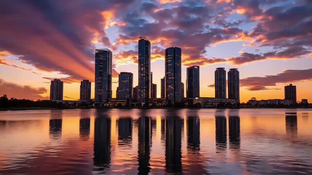 Stunning cityscape skyline at twilight with vibrant reflections in calm water a modern urban landscape showcasing architectural brilliance and a peaceful evening ambiance