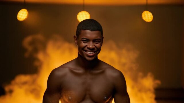 Pushing orange powder by off-frame fans, shirtless model smiling to reveal face under amber lights