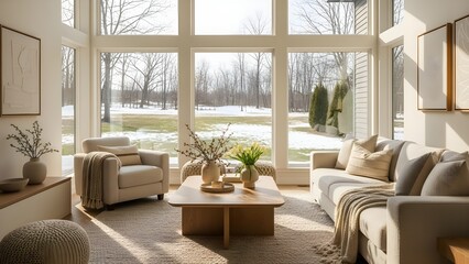 Modern living room interior with a cozy fireplace, sofa, and furniture in a bright apartment space with windows and natural light