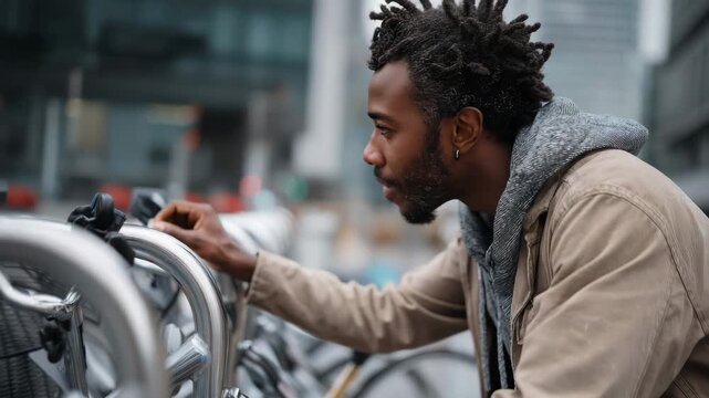 Young Black man with dreadlocks looking down at a bicycle rack in the city